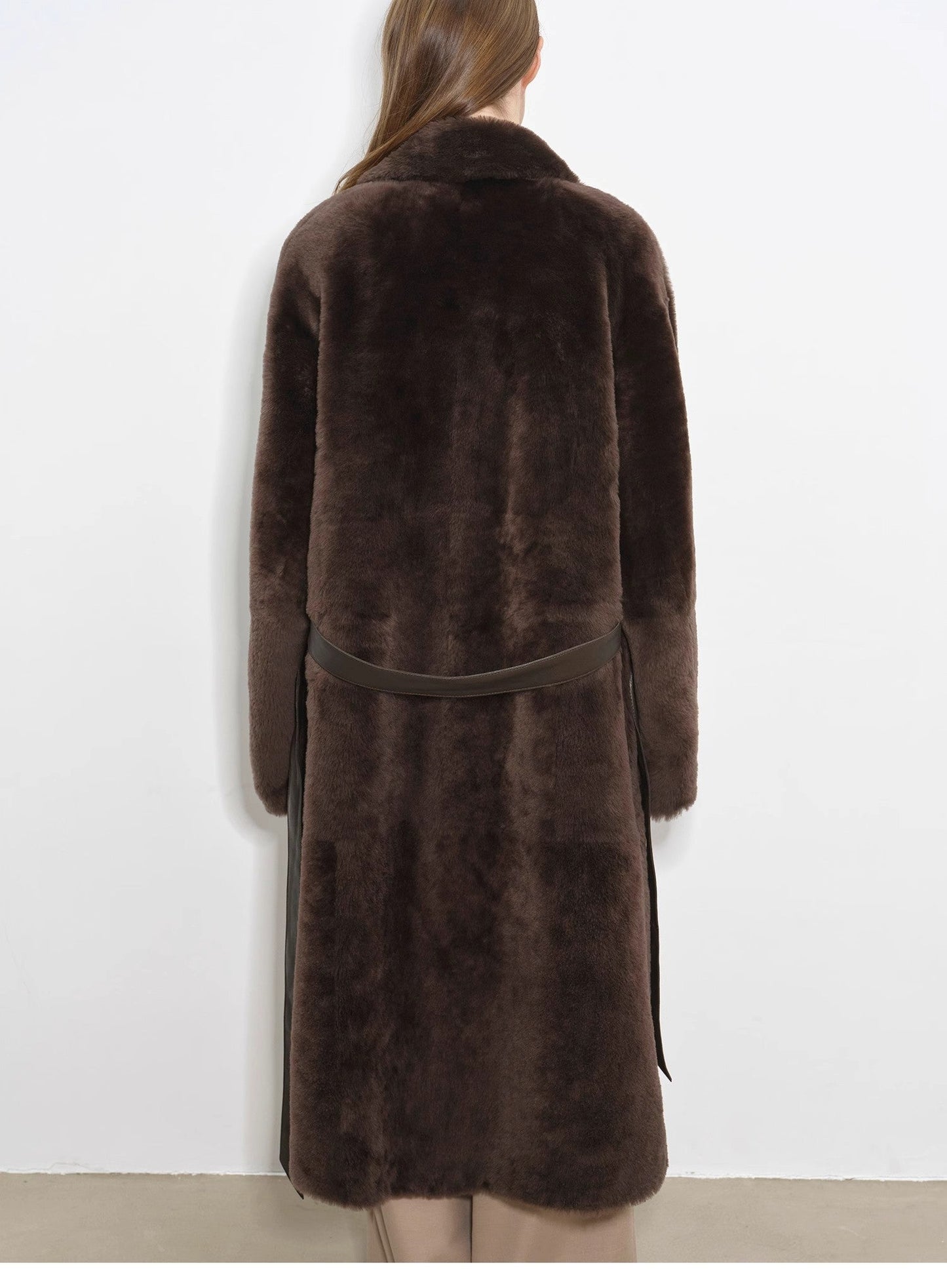 Sheepskin and merino wool long coat - Asymmetric style Mocha Phantom