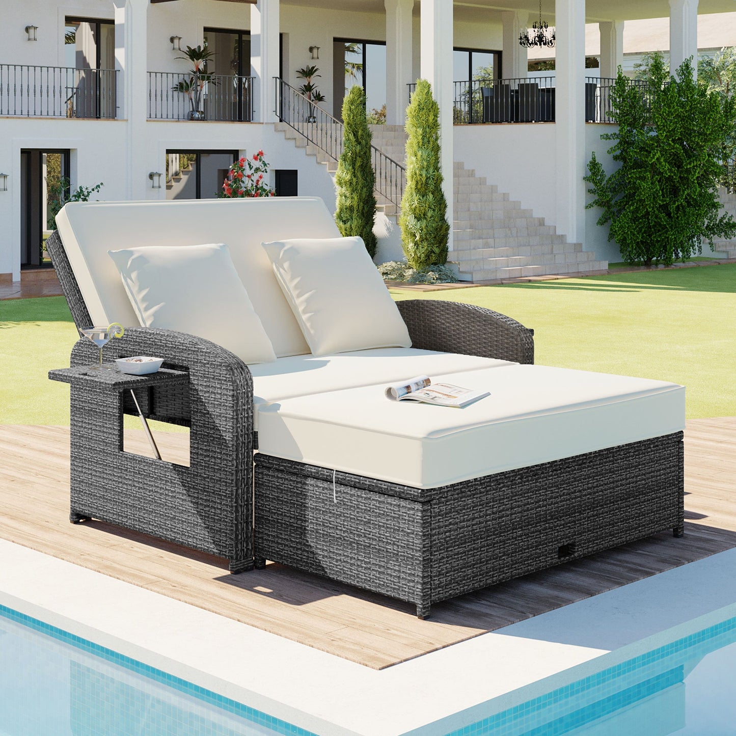 Sofá cama doble de exterior en ratán sintético con cojines premium
