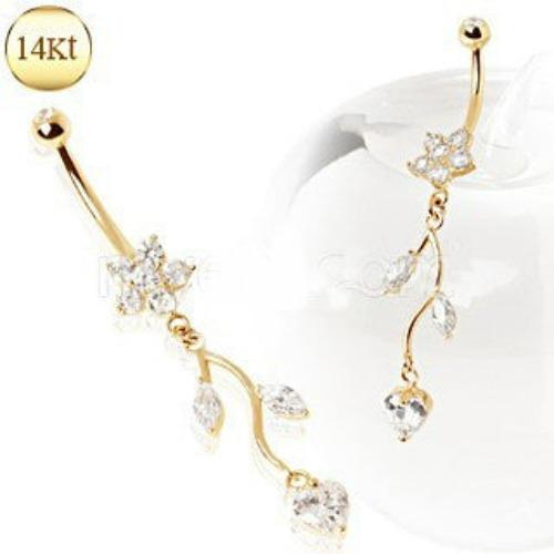 Piercing para ombligo de oro amarillo macizo de 14 quilates con flor y enredadera