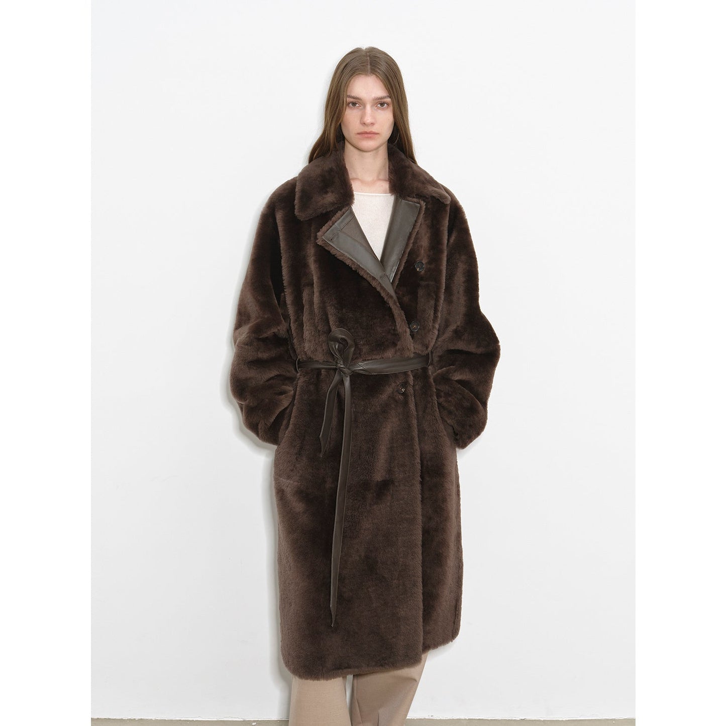 Sheepskin and merino wool long coat - Asymmetric style Mocha Phantom