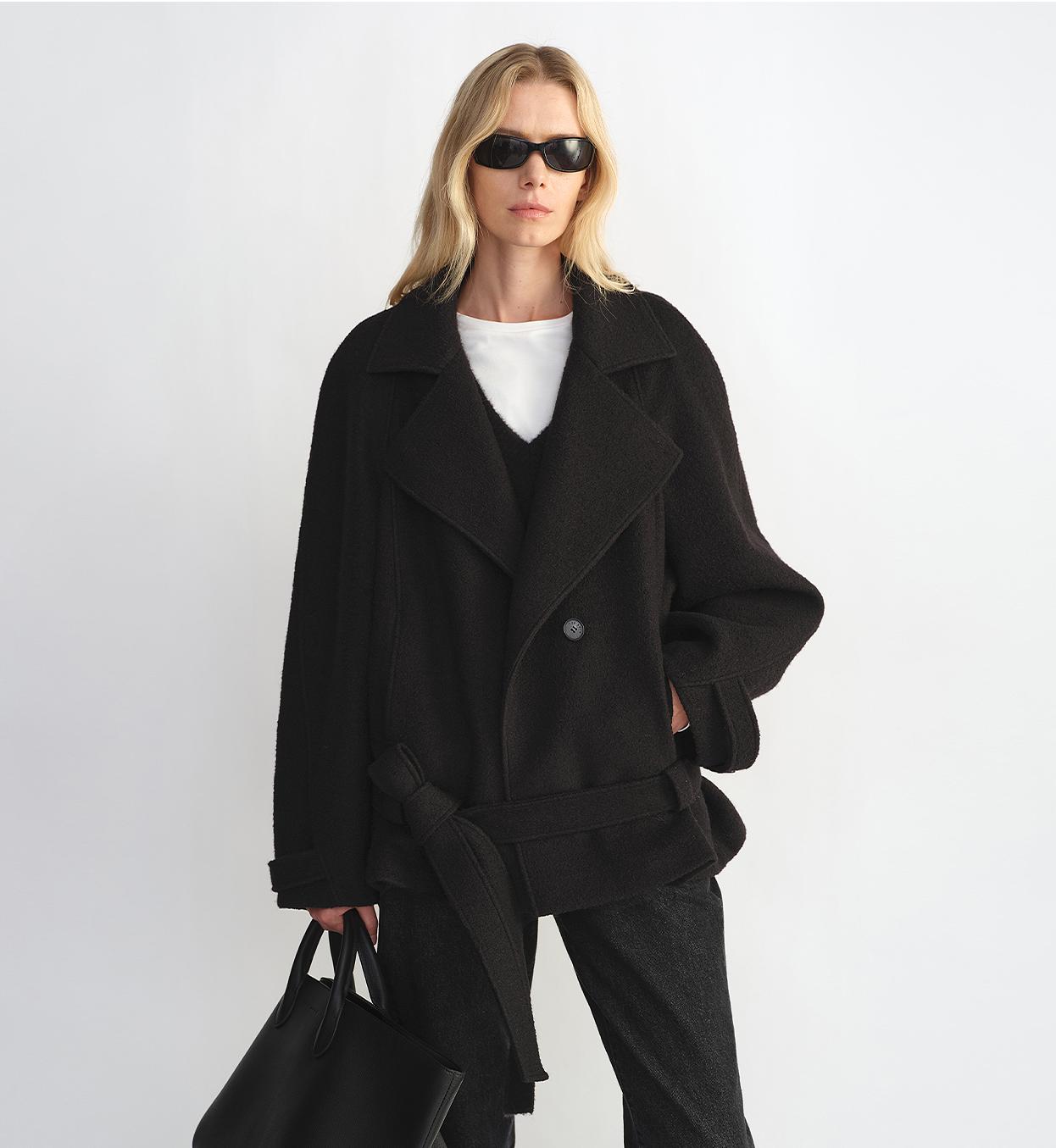 Exclusive Italian "Warm Cocoon" Coat in Virgin Wool and Linen - Cocoon Cut, Herringbone Pattern, Haute Couture