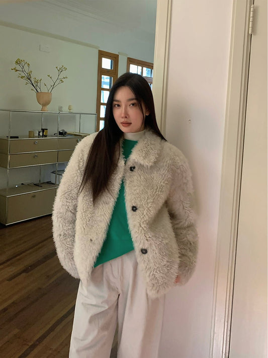 Abrigo recto de merino premium con solapa y capucha – Color Cloud Coffee Women's Fashion - Women's Clothing - Jackets & Coats - Real Fur | Zulter VIP