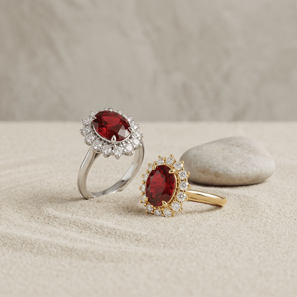 Anillo de lujo con rubí ovalado y halo de diamantes en oro de 14 quilates Jewelry & Accessories - Rings | Zulter VIP .