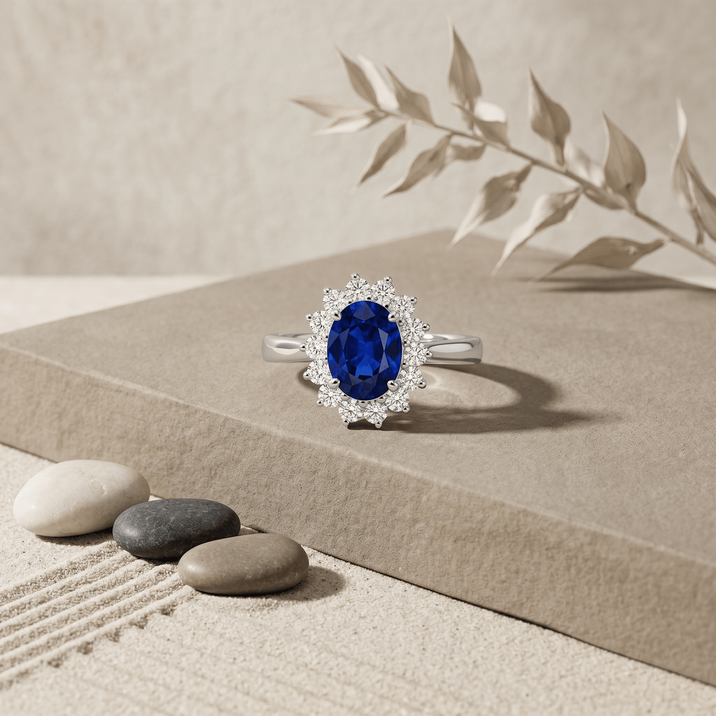 Anillo Inspirado en la Princesa Diana | Zafiro Oval de 2,30 ct y Halo de Diamantes Cultivados | Certificación AGI | Oro Blanco 14K Jewelry & Accessories - Rings | Zulter VIP .