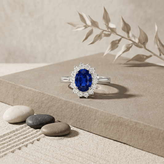 Anillo Inspirado en la Princesa Diana | Zafiro Oval de 2,30 ct y Halo de Diamantes Cultivados | Certificación AGI | Oro Blanco 14K Jewelry & Accessories - Rings | Zulter VIP .
