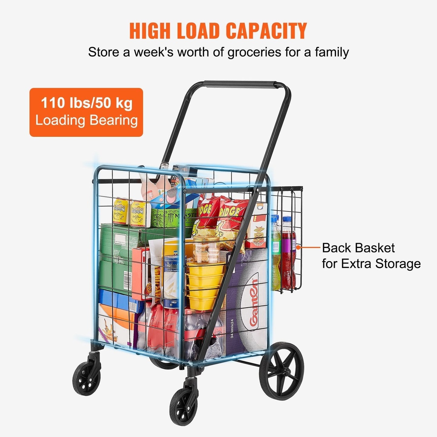 Carrito de compras plegable con doble cesta | Carrito portátil y resistente para supermercado Home & Garden - Kitchen, Dining & Bar - Fruit & Vegetable Tools | Zulter VIP