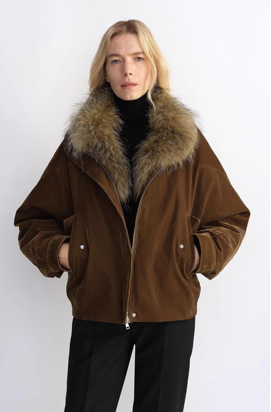 Chaqueta vaquera flocada con cuello de piel desmontable y relleno de plumón – Parka holgada mujer Women's Fashion - Women's Clothing - Jackets & Coats - Real Fur | Zulter VIP