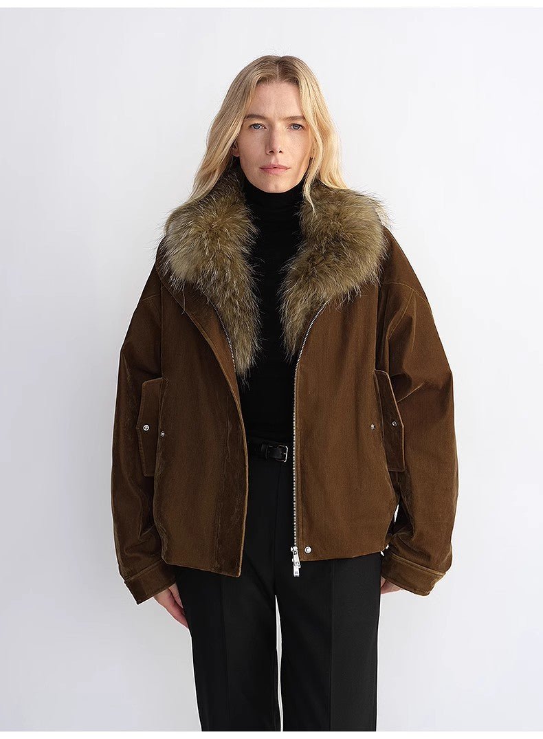 Chaqueta vaquera flocada con cuello de piel desmontable y relleno de plumón – Parka holgada mujer Women's Fashion - Women's Clothing - Jackets & Coats - Real Fur | Zulter VIP