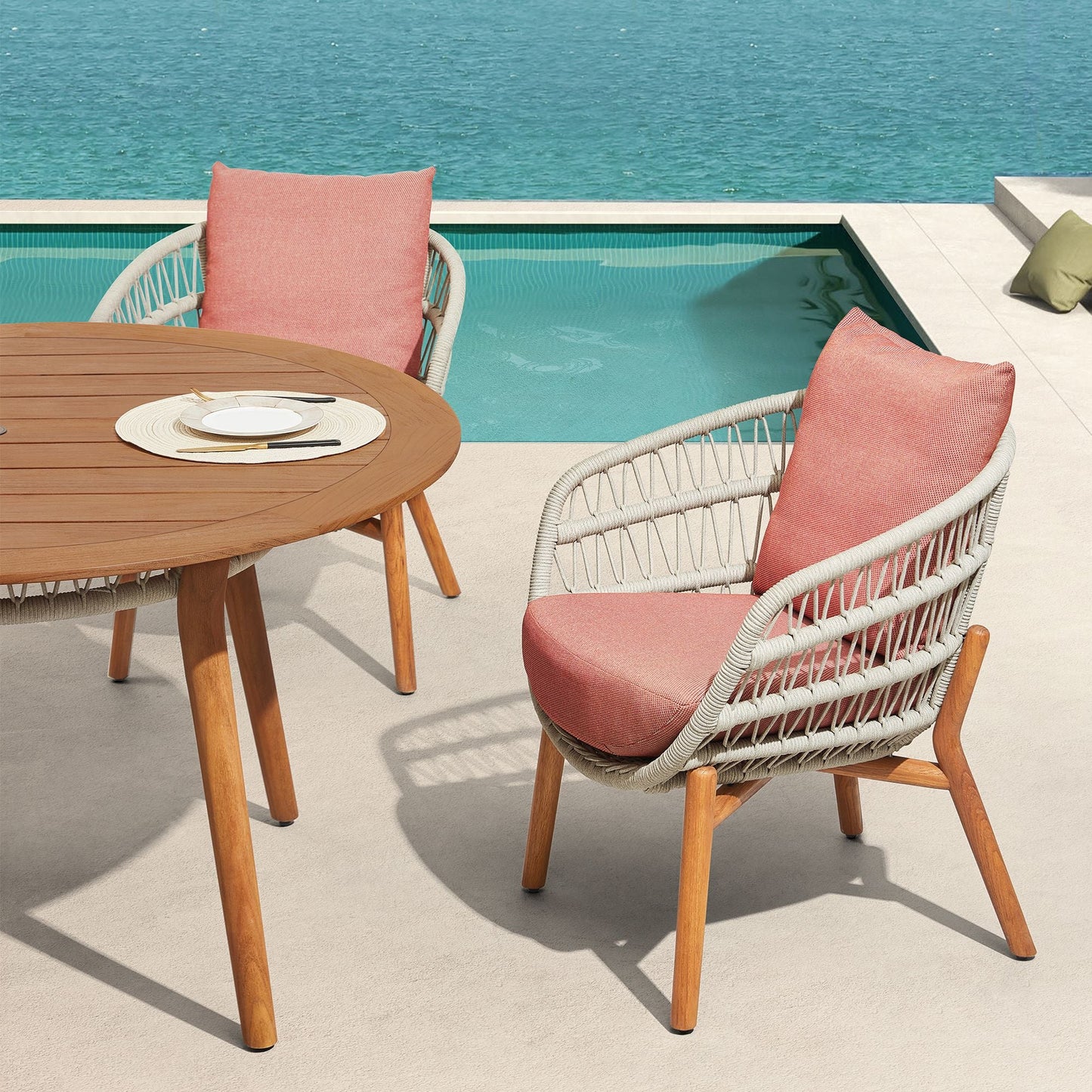 Comedor exterior de teca maciza para 7 personas con diseño cálido y cojines premium Home & Garden - Furniture - Outdoor Furniture - Garden Sets | Zulter VIP .