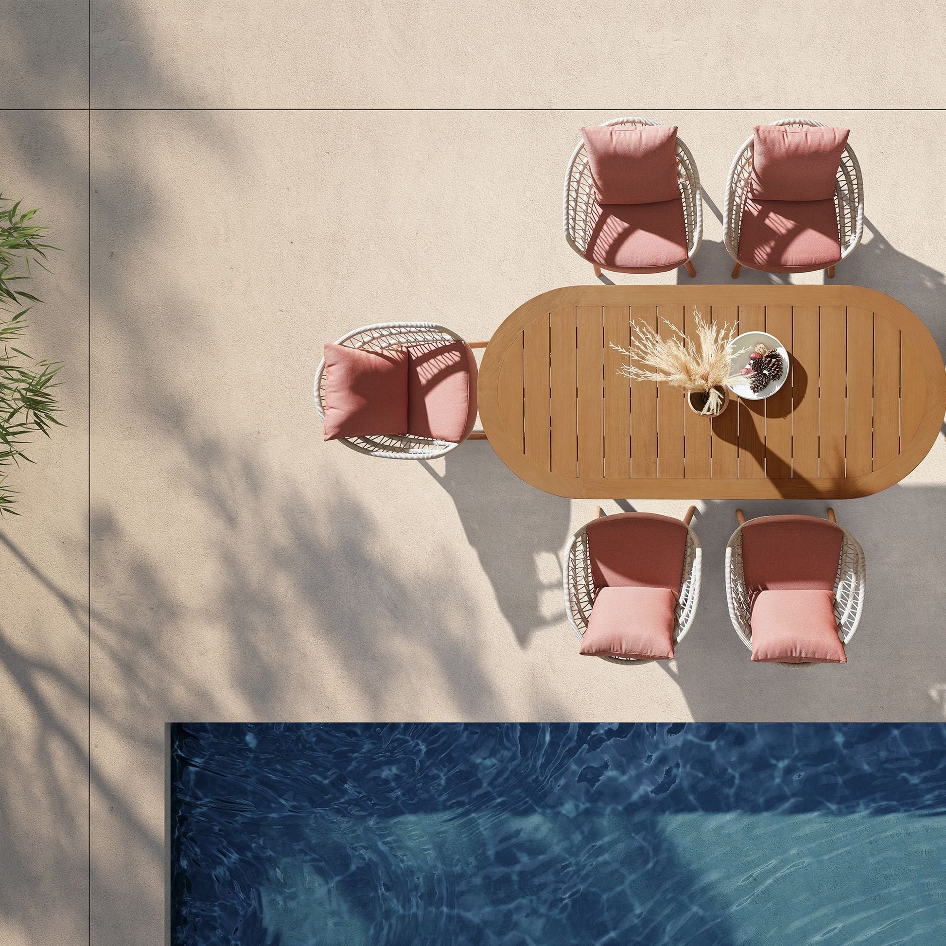 Comedor exterior de teca maciza para 7 personas con diseño cálido y cojines premium Home & Garden - Furniture - Outdoor Furniture - Garden Sets | Zulter VIP .