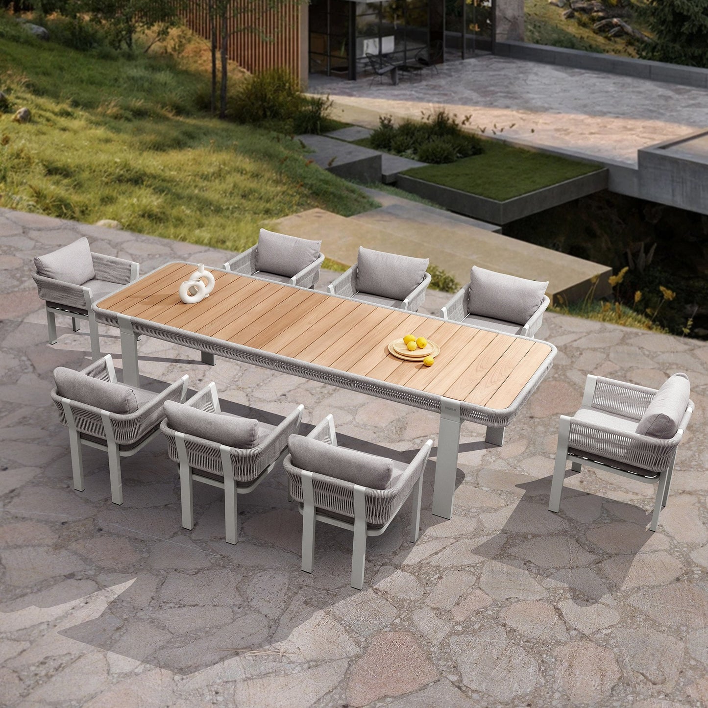 Comedor exterior de teca y aluminio Borromeo — Elegancia natural para tu terraza (4 / 6 / 8 plazas) Home & Garden - Furniture - Outdoor Furniture - Garden Sets | Zulter VIP .