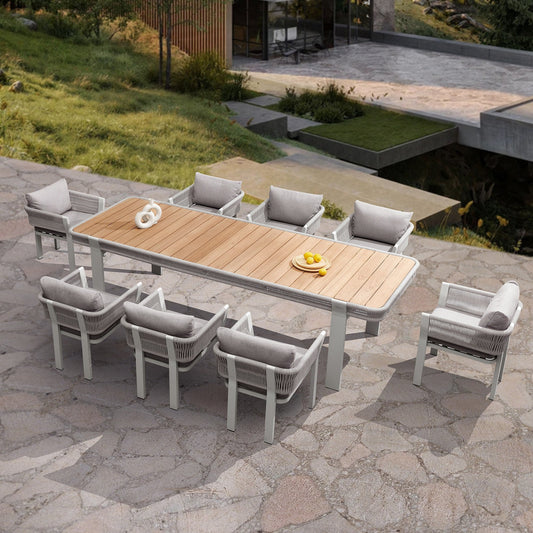 Comedor exterior de teca y aluminio Borromeo — Elegancia natural para tu terraza (4 / 6 / 8 plazas) Home & Garden - Furniture - Outdoor Furniture - Garden Sets | Zulter VIP .