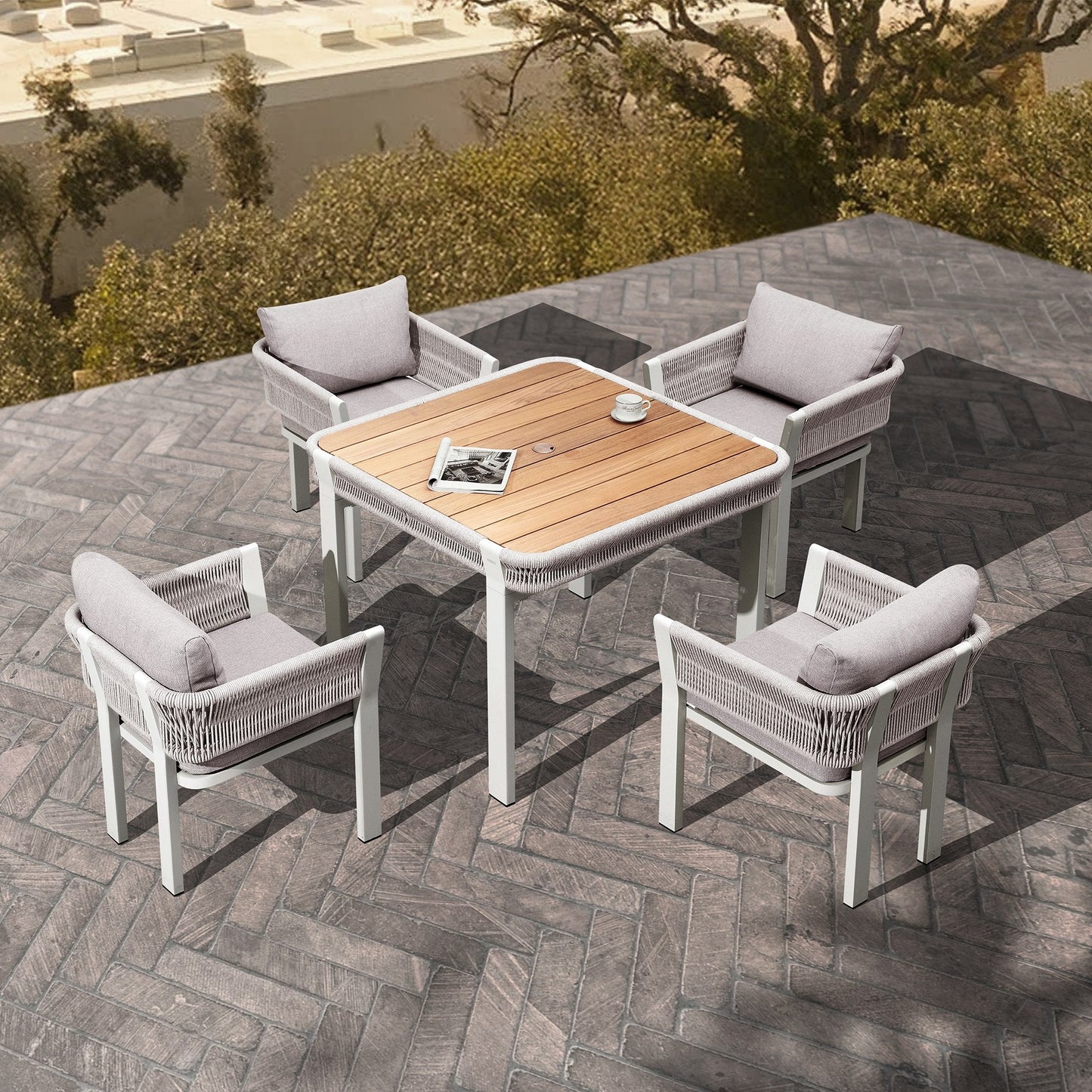 Comedor exterior de teca y aluminio Borromeo — Elegancia natural para tu terraza (4 / 6 / 8 plazas) Home & Garden - Furniture - Outdoor Furniture - Garden Sets | Zulter VIP .