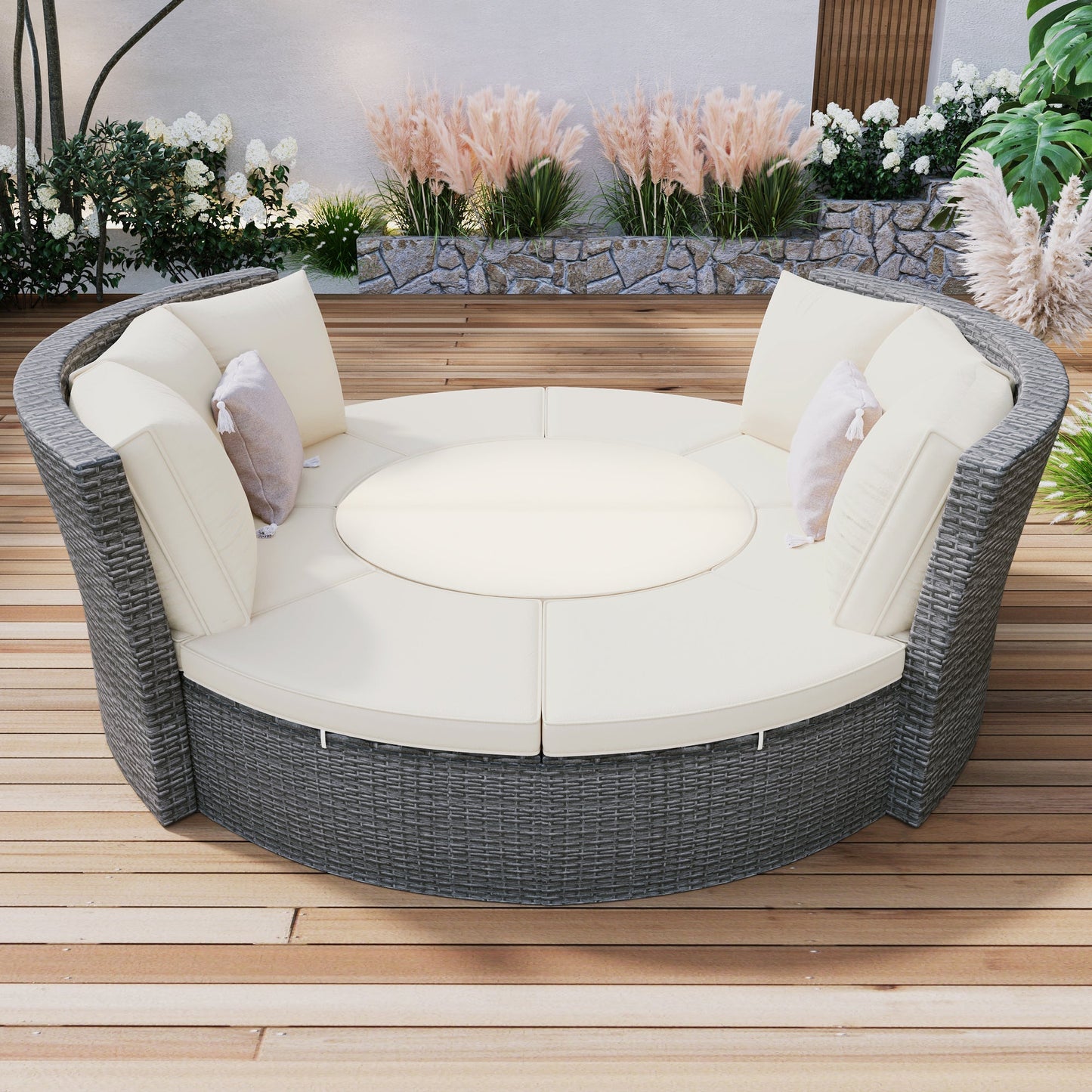 Conjunto de sofá seccional de ratán redondo 5 piezas con mesa elevable y fundas lavables – Patio/Exterior (EE. UU.) Home & Garden - Furniture - Home Furniture - Living Room Furniture | Zulter VIP
