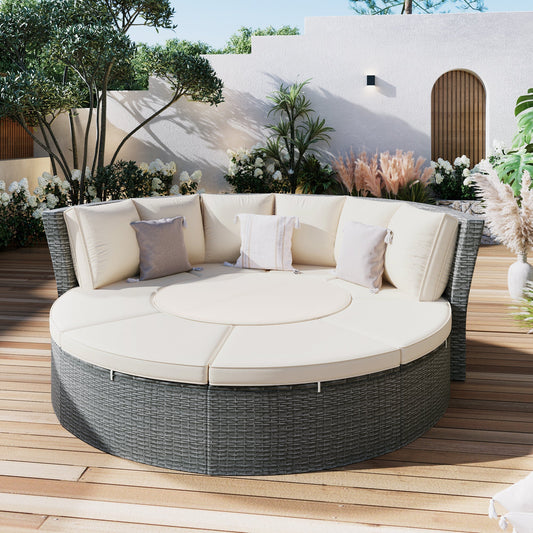 Conjunto de sofá seccional de ratán redondo 5 piezas con mesa elevable y fundas lavables – Patio/Exterior (EE. UU.) Home & Garden - Furniture - Home Furniture - Living Room Furniture | Zulter VIP