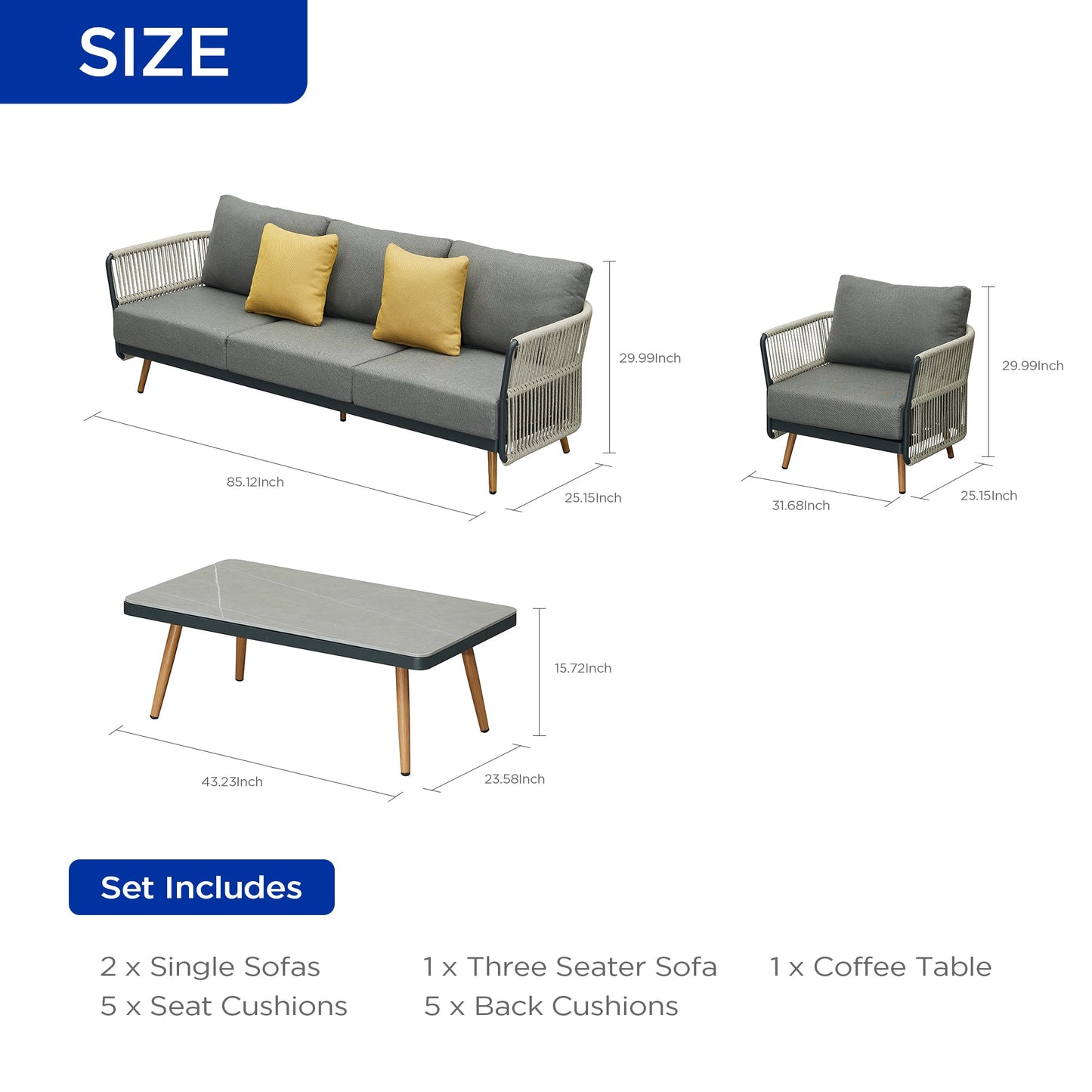 Conjunto exterior Bay de 5 plazas con sofás individuales, sofá triple y mesa de centro premium Home & Garden - Furniture - Outdoor Furniture - Garden Sets | Zulter VIP .