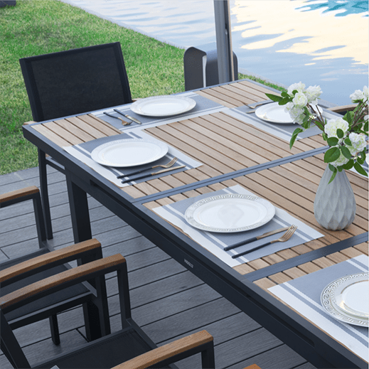 Conjunto exterior Heck de teca para 8 personas con mesa extensible y sillones apilables Home & Garden - Furniture - Outdoor Furniture - Garden Sets | Zulter VIP .