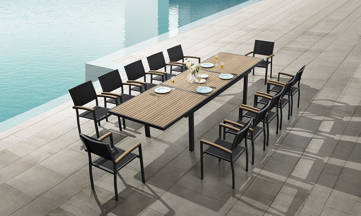 Conjunto exterior Heck para 12 personas con mesa extensible y sillas apilables en acabado carbón Home & Garden - Furniture - Outdoor Furniture - Garden Sets | Zulter VIP .