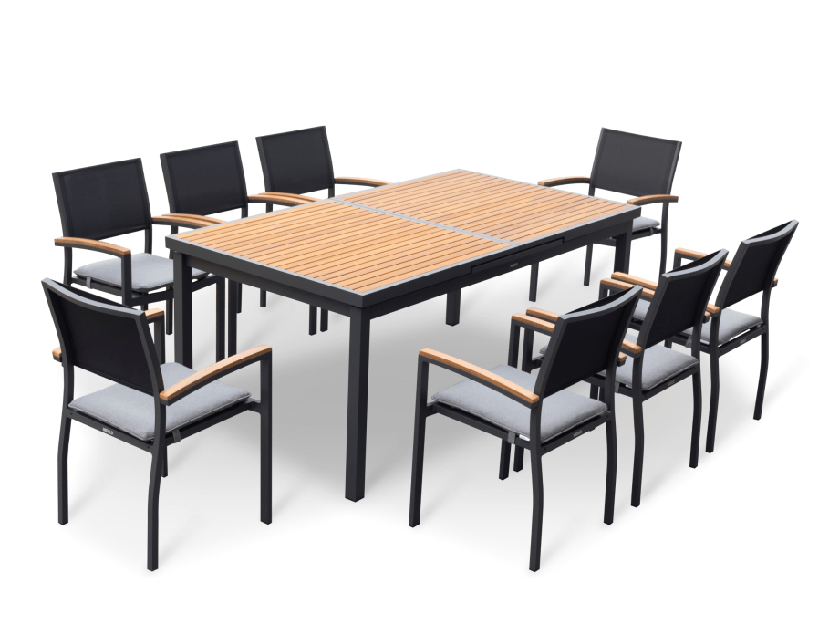 Conjunto exterior Heck para 12 personas con mesa extensible y sillas apilables en acabado carbón Home & Garden - Furniture - Outdoor Furniture - Garden Sets | Zulter VIP .