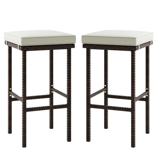 Juego de 2 taburetes altos de mimbre con cojín y reposapiés | Patio elegante & barra exclusiva