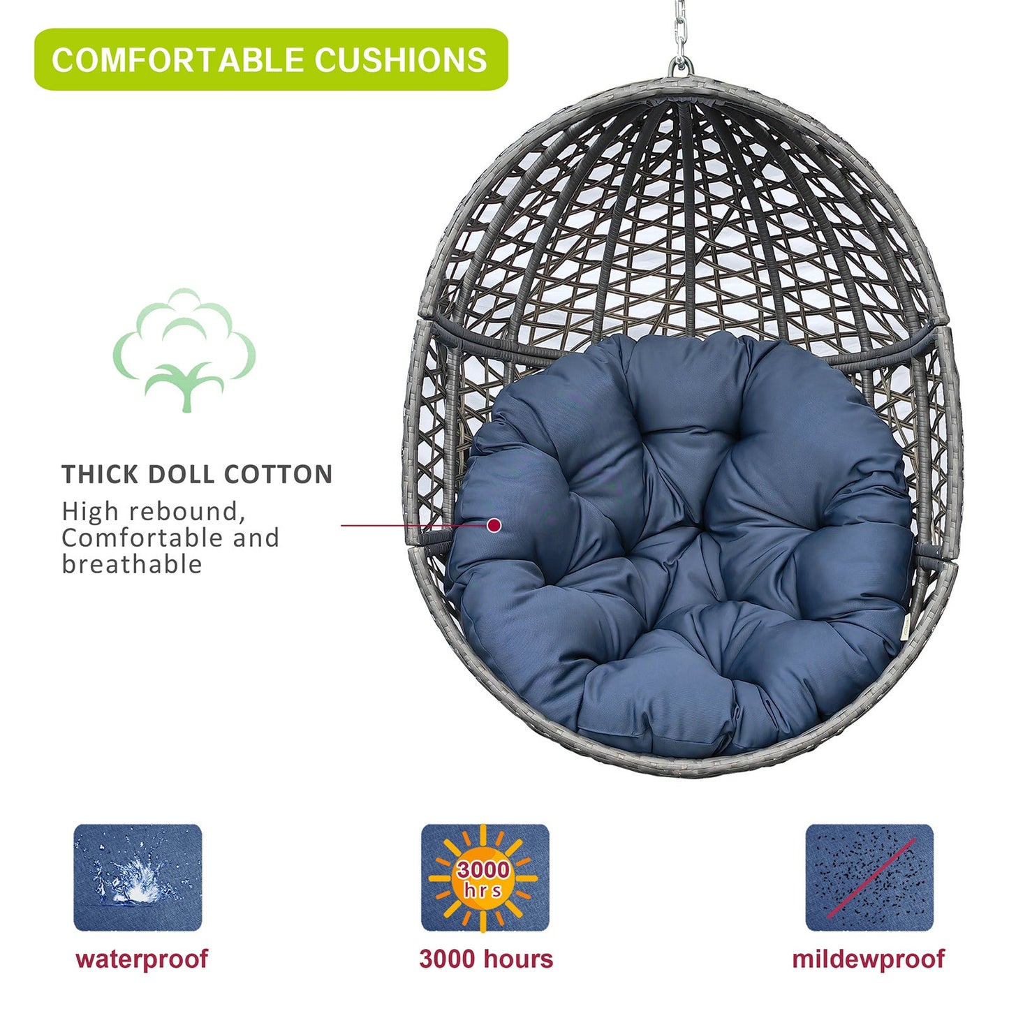 🪑 Silla Colgante de Mimbre Tipo Huevo con Cojines y Soporte Robusto – Diseño Exclusivo para Interior y Exterior