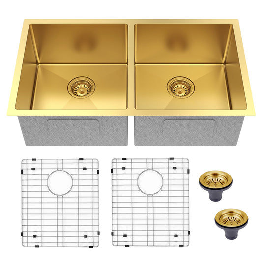Fregadero de cocina de 33” doble seno, instalación bajo encimera, acabado Nano PVD Oro / Oro Rosa Home & Garden - Home Improvement - Kitchen Fixtures - Kitchen Sinks | Zulter VIP .