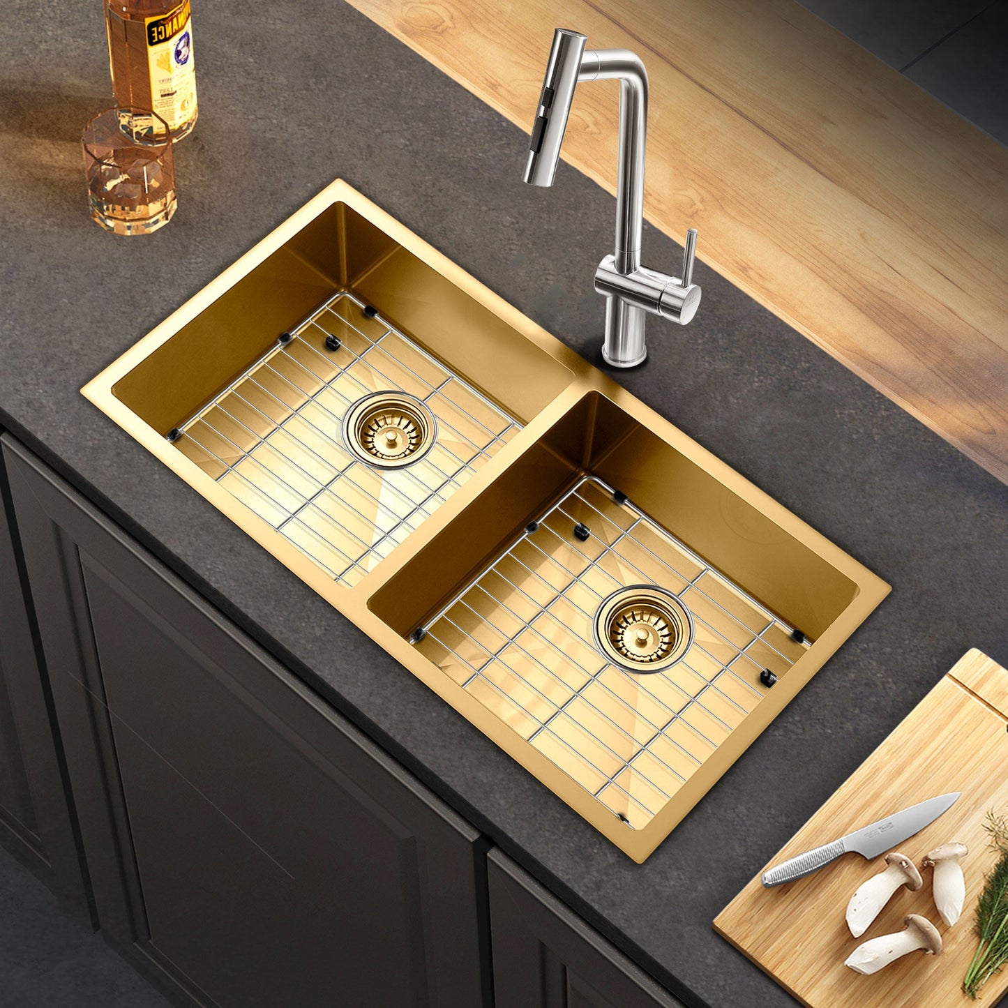 Fregadero de cocina de 33” doble seno, instalación bajo encimera, acabado Nano PVD Oro / Oro Rosa Home & Garden - Home Improvement - Kitchen Fixtures - Kitchen Sinks | Zulter VIP .