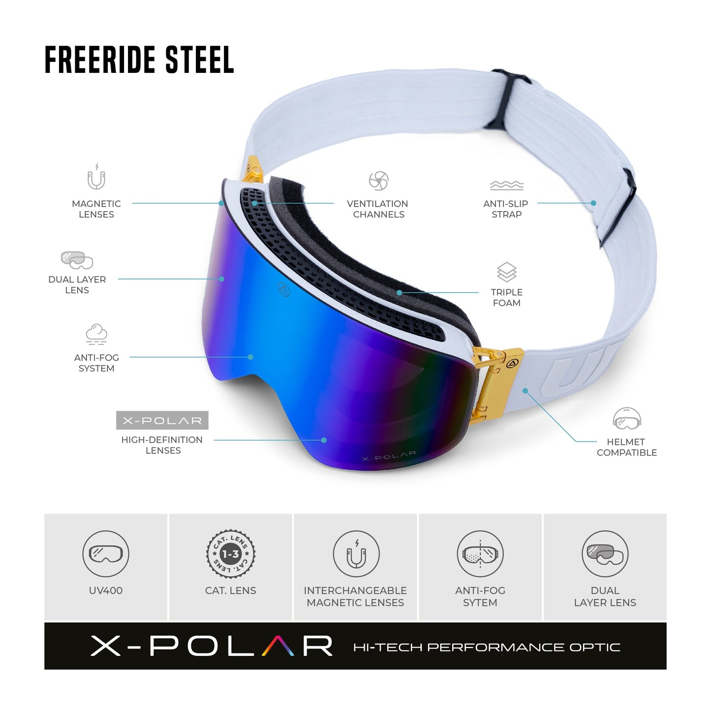 Gafas premium de alto rendimiento para nieve – Blanco/Oro Sports & Entertainment - Skiing & Snowboarding - Skiing Eyewear | Zulter VIP .