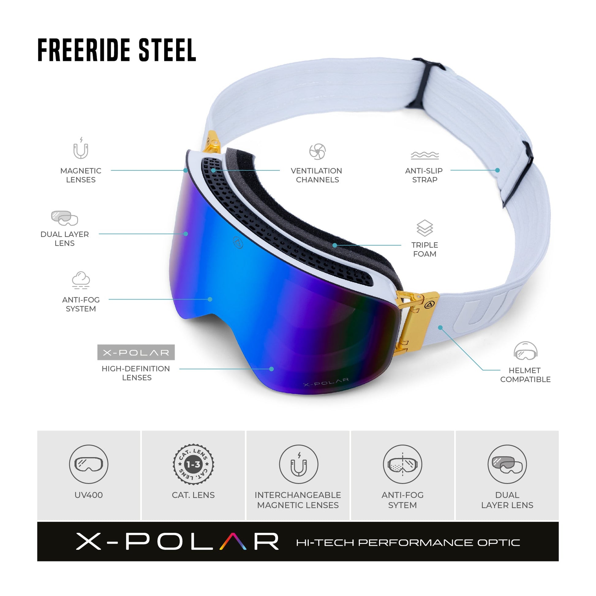 Gafas premium de alto rendimiento para nieve – Blanco/Oro Sports & Entertainment - Skiing & Snowboarding - Skiing Eyewear | Zulter VIP .