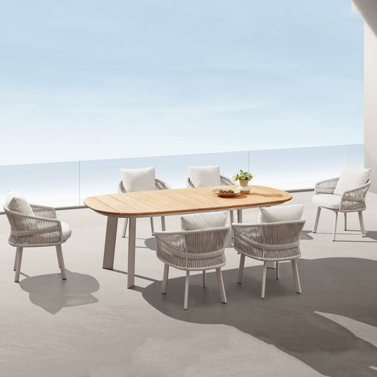 Juego de comedor exterior de lujo HI GOLD – Set de 7 piezas en teca con cojines blancos premium Home & Garden - Furniture - Outdoor Furniture - Garden Sets | Zulter VIP