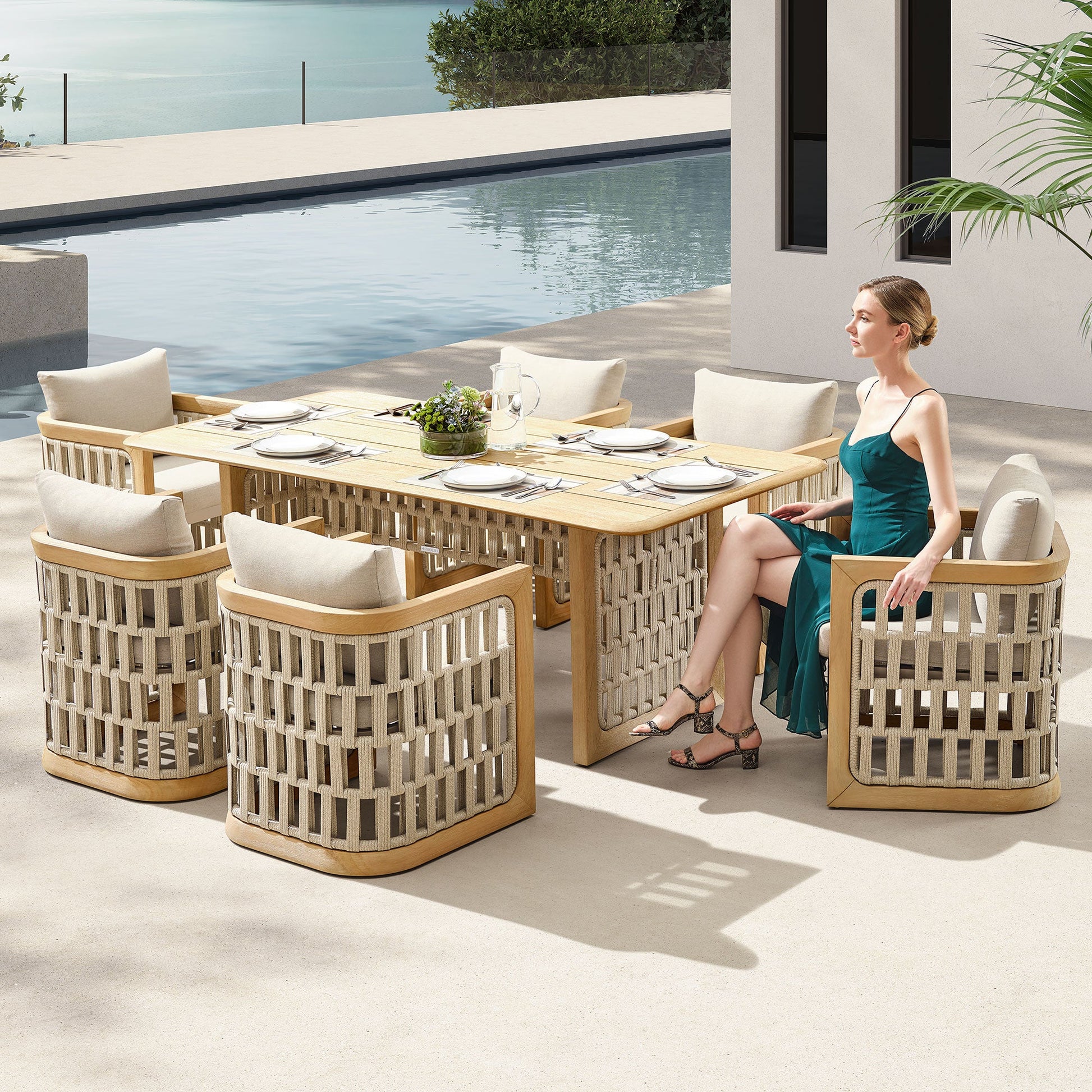 Juego de comedor exterior RIVA (6 personas, teca maciza, cojines incluidos) Home & Garden - Furniture - Outdoor Furniture - Garden Sets | Zulter VIP .