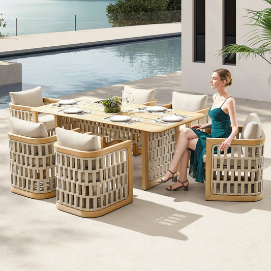 Juego de comedor exterior RIVA (6 personas, teca maciza, cojines incluidos) Home & Garden - Furniture - Outdoor Furniture - Garden Sets | Zulter VIP .