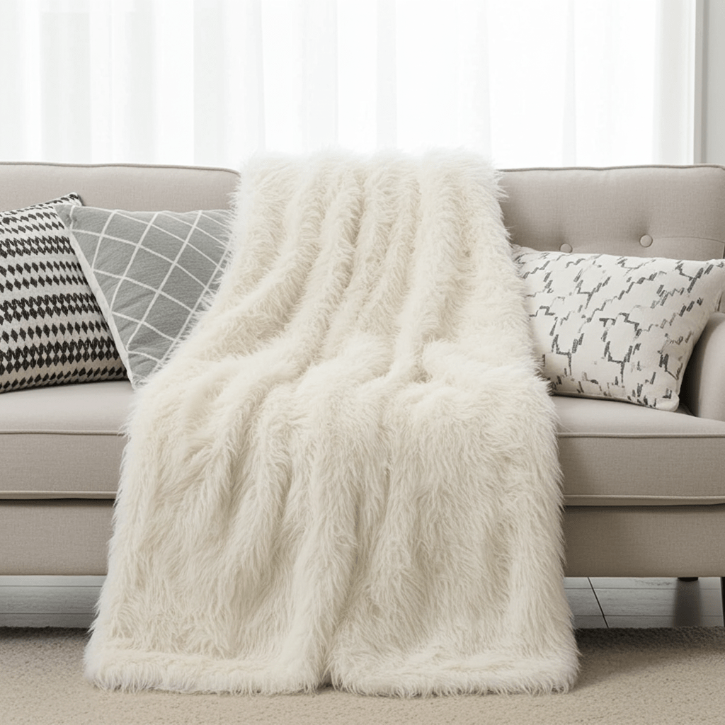 Manta premium de lujo con acabado mongol en tono blanco roto ultrasuave Home & Garden - Home Textile - Pillows | Zulter VIP .