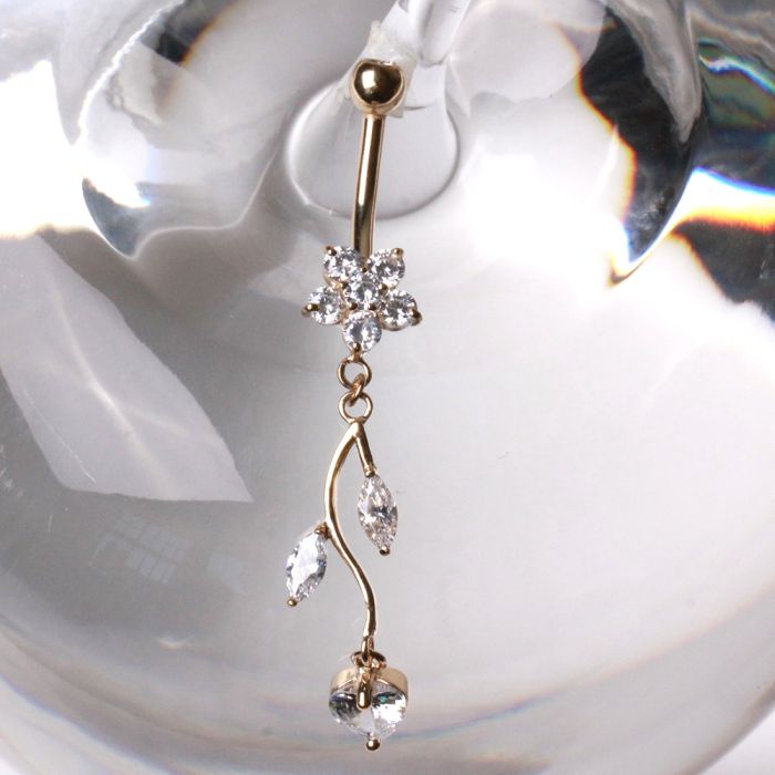 Piercing para ombligo de oro amarillo macizo de 14 quilates con flor y enredadera