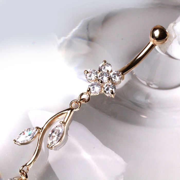 Piercing para ombligo de oro amarillo macizo de 14 quilates con flor y enredadera