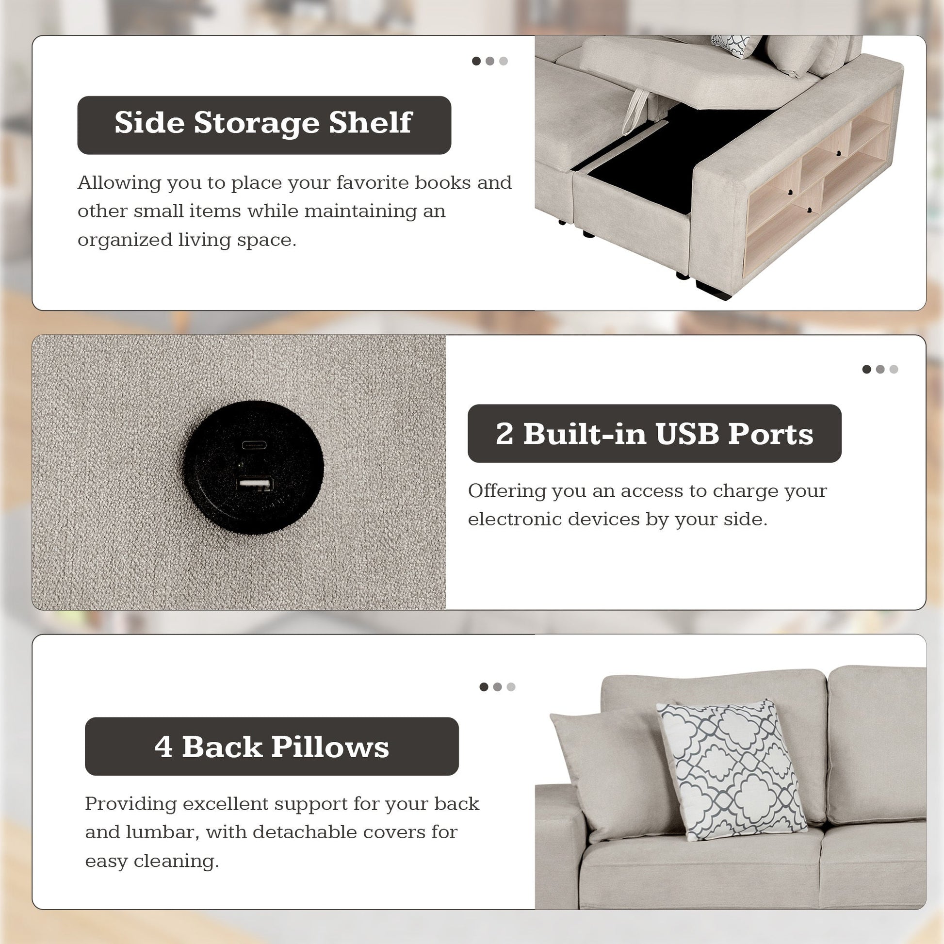 Sofá Cama Seccional en U de 109" con Puertos USB, Almacenamiento y Cojines – Confort y Funcionalidad Premium Home & Garden - Furniture - Home Furniture | Zulter VIP