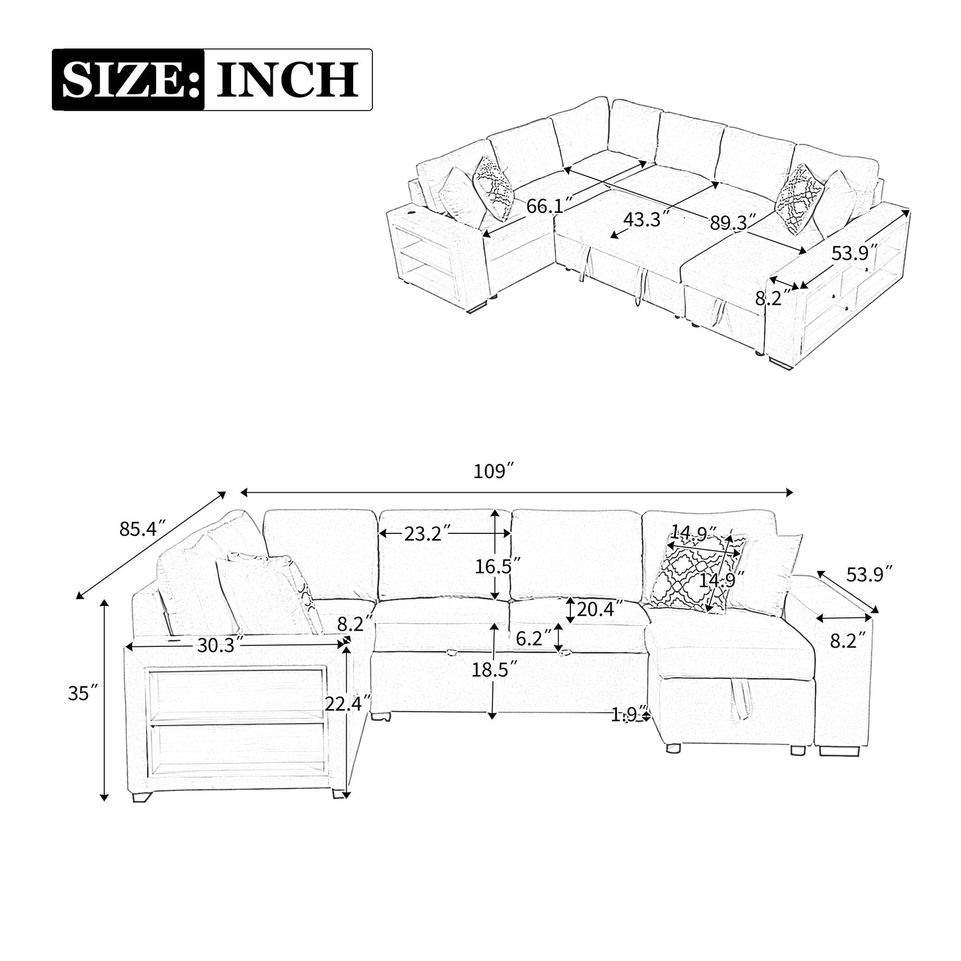 Sofá Cama Seccional en U de 109" con Puertos USB, Almacenamiento y Cojines – Confort y Funcionalidad Premium Home & Garden - Furniture - Home Furniture | Zulter VIP