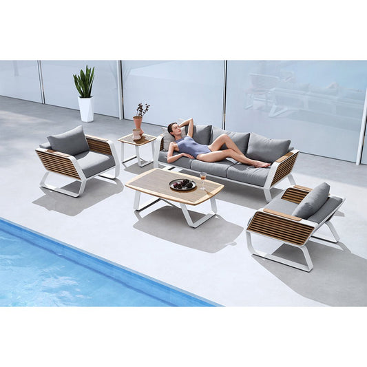 Sofá exterior premium para 5 personas en aluminio y teca con diseño envolvente Home & Garden - Furniture - Outdoor Furniture - Garden Sets | Zulter VIP .