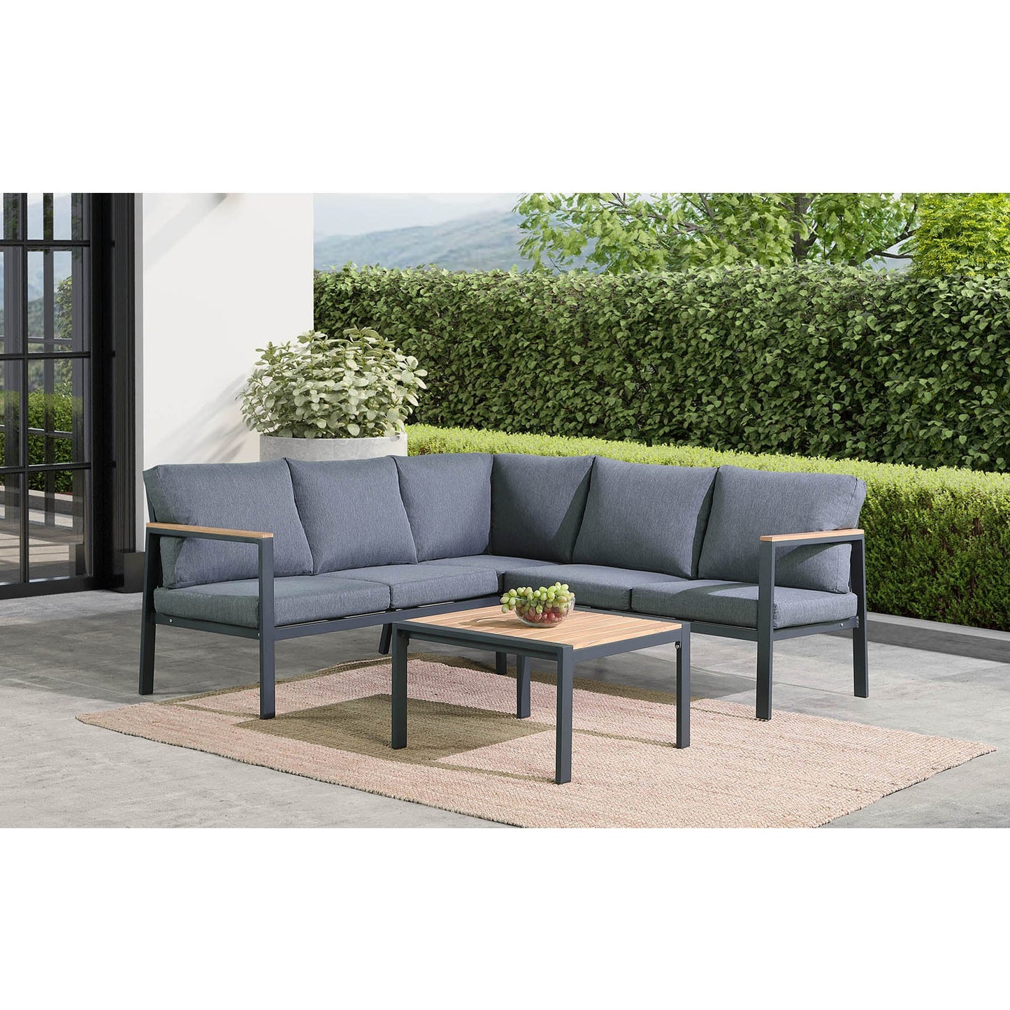 Sofá seccional exterior Rossio de 4 piezas con estructura en aluminio carbón mate y acabado en teca Home & Garden - Furniture - Outdoor Furniture - Garden Sofas | Zulter VIP .