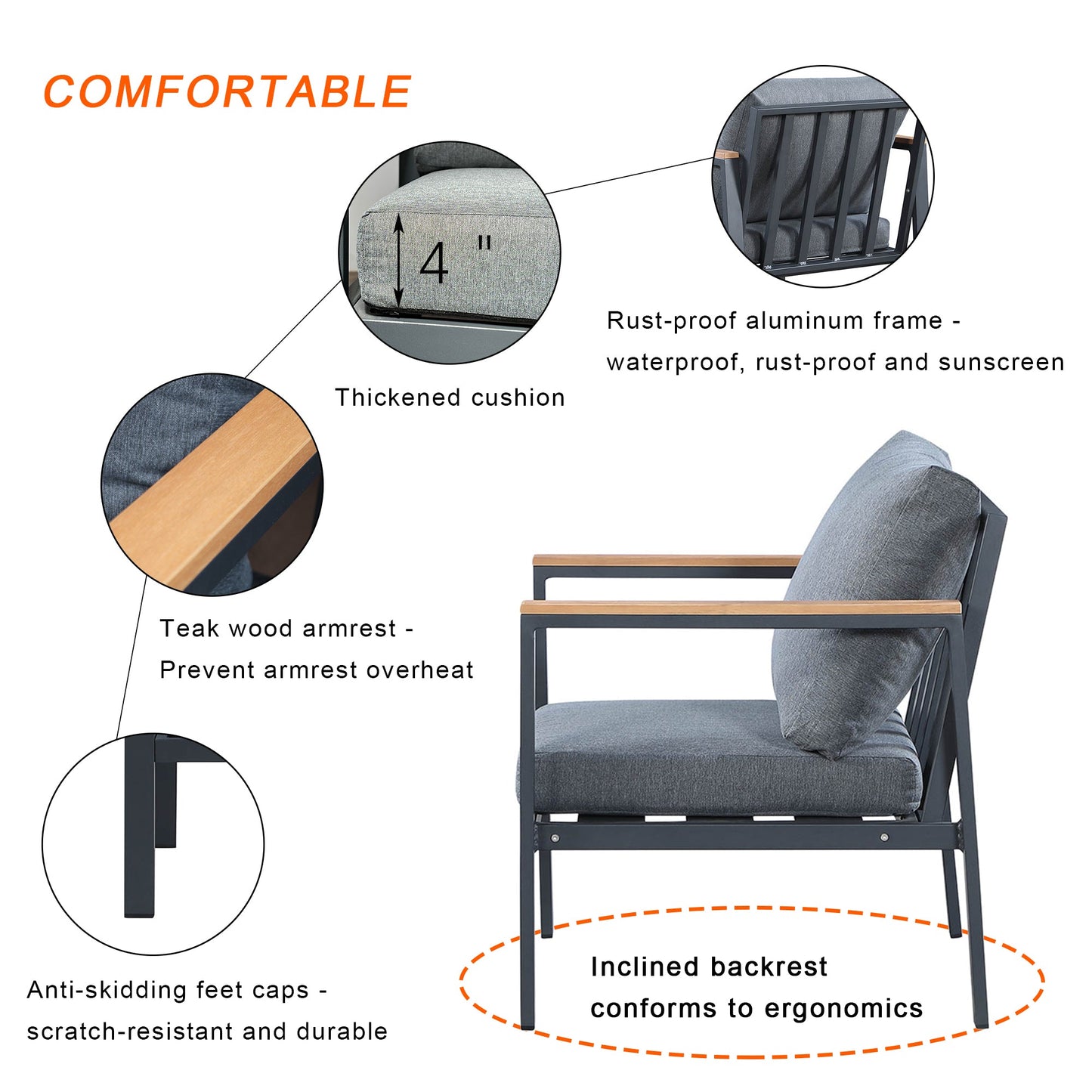 Sofá seccional exterior Rossio de 4 piezas con estructura en aluminio carbón mate y acabado en teca Home & Garden - Furniture - Outdoor Furniture - Garden Sofas | Zulter VIP .