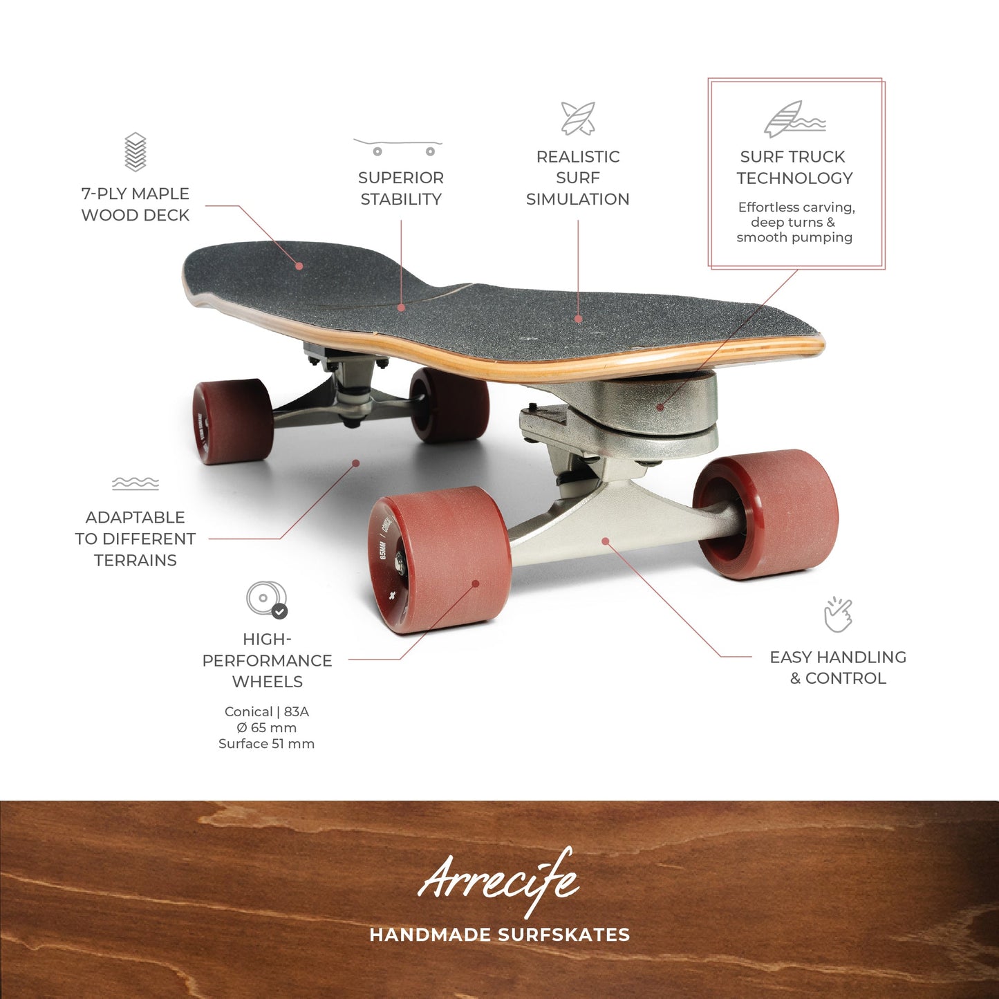 Surfskate negro y marrón para conducción suave y giros fluidos Sports & Entertainment - Roller Skates, Skateboards & Scooters - Skateboarding | Zulter VIP .