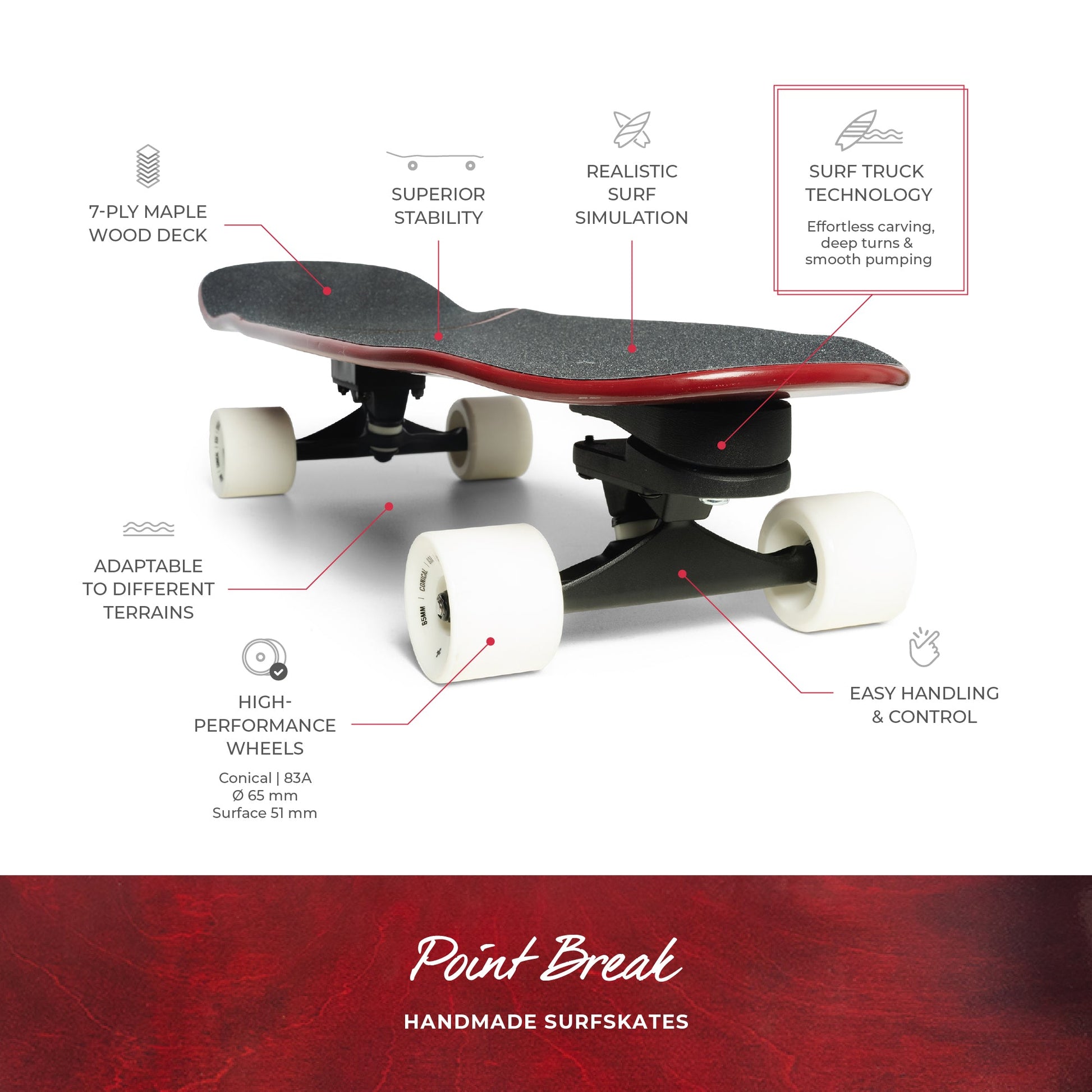 Surfskate rojo de alto rendimiento para movimientos fluidos Sports & Entertainment - Roller Skates, Skateboards & Scooters - Skateboarding | Zulter VIP .