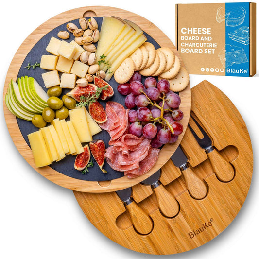 Tabla de quesos redonda de bambú con pizarra y juego de cuchillos – Elegancia en tu mesa Home & Garden - Kitchen, Dining & Bar - Cheese Tools | Zulter VIP