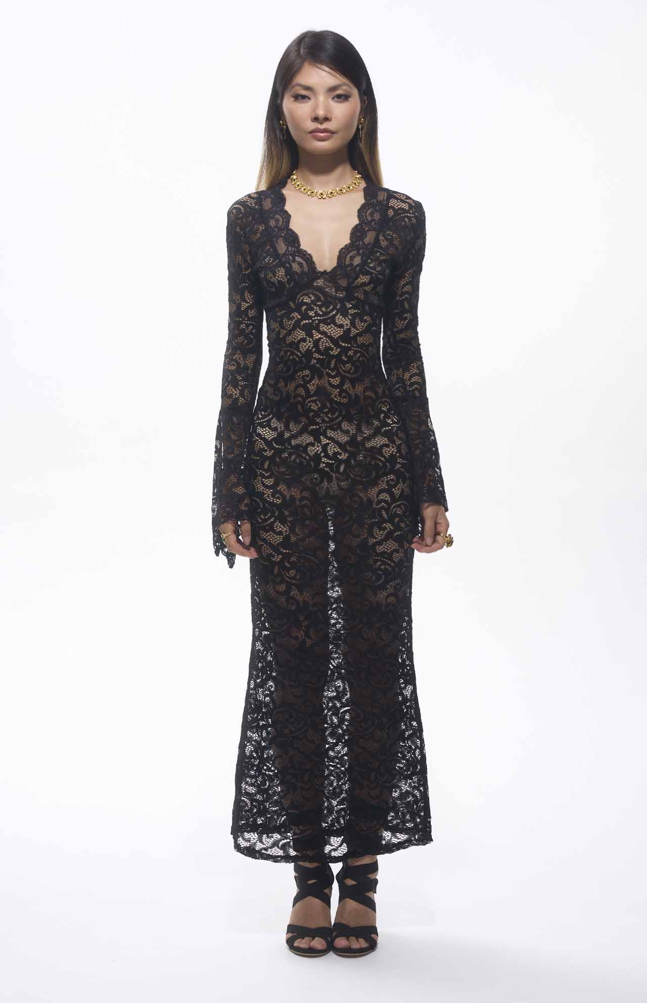 Vestido largo de encaje floral con escote en V y elegancia atemporal Women's Fashion - Women's Clothing - Dress - Long-Sleeve Dress | Zulter VIP .