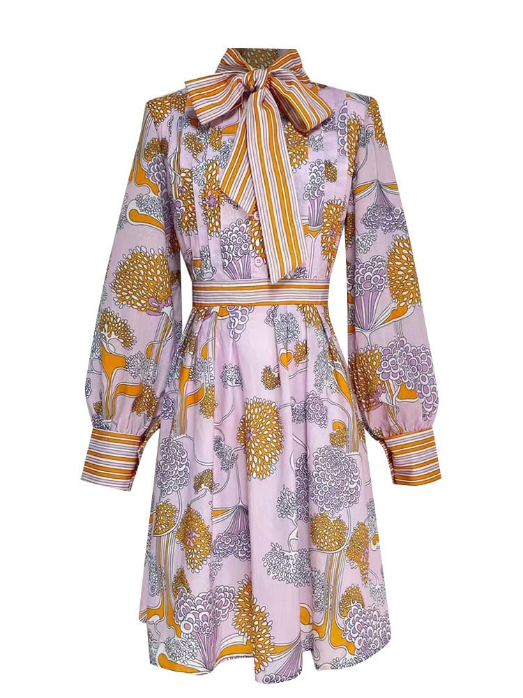 Vestido mini de lujo con estampado vintage y cuello lazo – Edición exclusiva Women's Fashion - Women's Clothing - Dress - Long - Sleeve Dress | Zulter VIP